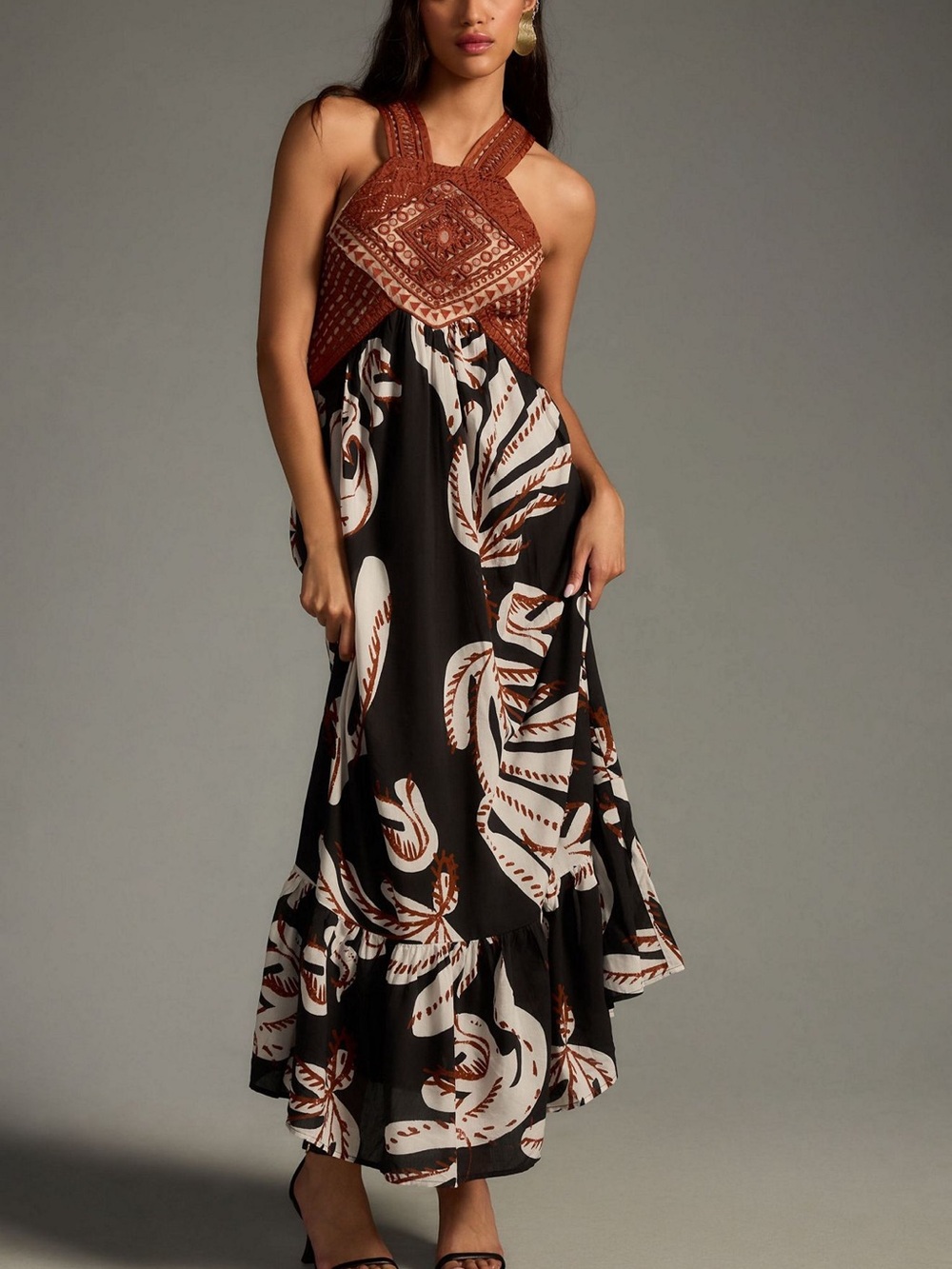 Anthropologie Rust Crochet Bodice Maxi Dress with Black Printed Skirt